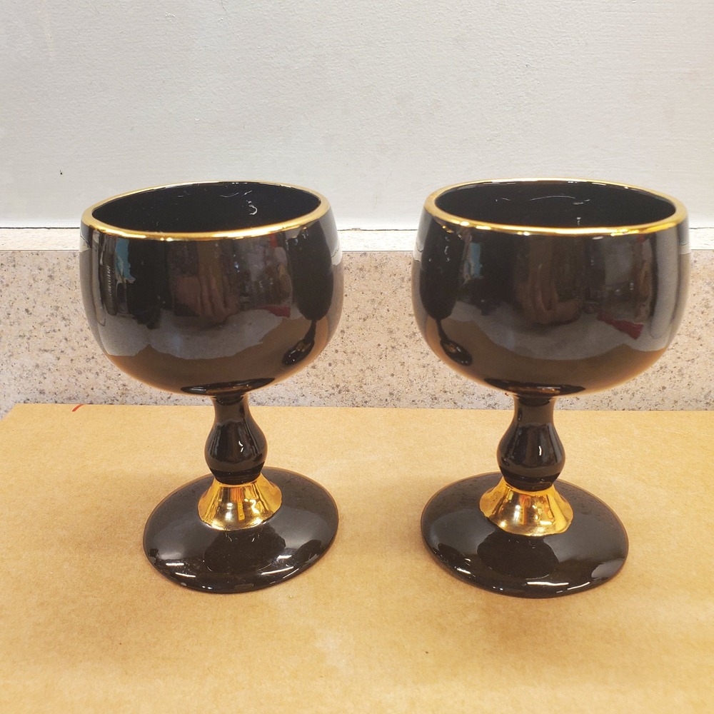 2 Vintage Ceramic Chalice Black Gold Trim Excellent Gothic Goblet 4 1/2" Tall